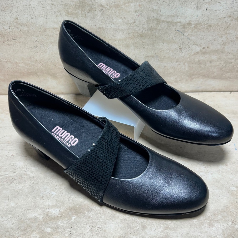 Munro American Womens Black Leather Mary Jane Pumps Block Heel M2766 Size 8.5 SS